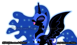 Size: 1509x900 | Tagged: safe, artist:koizumi-rika, nightmare moon, pony, g4, female, laughing, open mouth, simple background, smiling, solo, spread wings, transparent background, vector