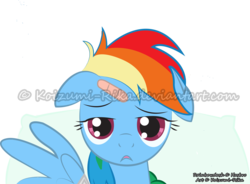 Size: 1600x1179 | Tagged: safe, artist:koizumi-rika, rainbow dash, pony, g4, bandage, bandaid, byline, female, floppy ears, frown, looking at you, messy mane, pillow, simple background, solo, spread wings, tired, transparent background, vector