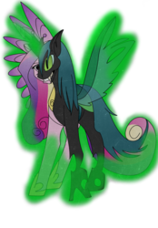 Size: 900x1293 | Tagged: dead source, safe, artist:100yearslater, queen chrysalis, alicorn, changeling, changeling queen, pony, g4, cadance two face, character to character, crown, disguise, disguised changeling, duality, evil smile, fake cadance, fangs, female, glowing, glowing horn, grin, hoof shoes, horn, jewelry, magic, mare, peytral, regalia, simple background, smiling, solo, spread wings, standing, teeth, transparent background, wings