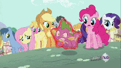 Size: 500x281 | Tagged: safe, screencap, applejack, blues, carrot top, cherry berry, fluttershy, golden harvest, lucky clover, noteworthy, pinkie pie, rarity, spike, dragon, earth pony, pegasus, pony, unicorn, g4, magic duel, animated, epic spike throwing, female, magic, male, mare, stallion, telekinesis