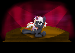 Size: 1600x1131 | Tagged: safe, artist:jetwave, oc, oc only, oc:velvet remedy, pony, unicorn, fallout equestria, fanfic, fanfic art, female, glowing horn, horn, magic, mare, microphone, open mouth, singing, solo, stage, telekinesis