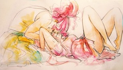 Size: 800x456 | Tagged: safe, artist:schpog, fluttershy, pinkie pie, human, g4, barefoot, blushing, cuddling, eye contact, feet, female, humanized, kneeling, lesbian, on back, ship:flutterpie, shipping, snuggling, watercolor painting