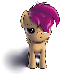 Size: 554x666 | Tagged: safe, artist:icefairy64, scootaloo, pegasus, pony, g4, female, filly, foal, hair over one eye, looking at you, sad, signature, simple background, solo, white background