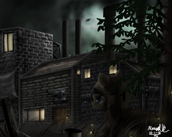 Size: 1280x1024 | Tagged: safe, artist:turbopower1000, oc, oc only, firefly (insect), pony, blacksmith, factory, scenery, solo, tree