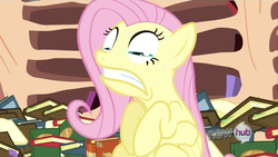 Size: 1279x720 | Tagged: safe, screencap, fluttershy, pegasus, pony, g4, magic duel, season 3, female, great moments in animation, hub logo, mare, smear frame