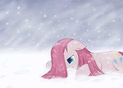 Size: 1120x800 | Tagged: safe, artist:muffinsforever, pinkie pie, earth pony, pony, g4, crying, female, lying down, pinkamena diane pie, prone, snow, snowfall, solo