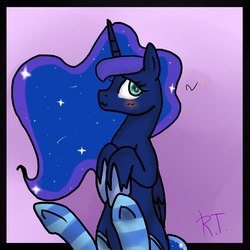 Size: 604x604 | Tagged: safe, artist:sonatatravina, princess luna, pony, g4, blushing, clothes, female, socks, solo, striped socks, underhoof