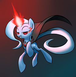 Size: 2480x2489 | Tagged: safe, artist:underpable, trixie, g4, alicorn amulet, cape, clothes, corrupted, glowing horn, grin, horn, magic, simple background, sombra eyes