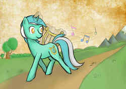 Size: 4092x2893 | Tagged: safe, artist:omgmax, lyra heartstrings, pony, unicorn, g4, female, lyre, music notes, smiling, solo