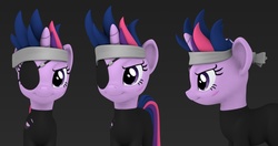 Size: 1072x564 | Tagged: safe, artist:hashbro, twilight sparkle, g4, 3d, catsuit, eyepatch, future twilight, model, scar, wip