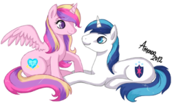 Size: 329x200 | Tagged: safe, artist:amenoo, princess cadance, shining armor, alicorn, pony, unicorn, g4, female, looking at each other, male, mare, prone, signature, simple background, sitting, smiling, stallion, transparent background