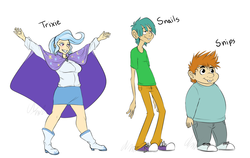 Size: 1280x808 | Tagged: dead source, safe, artist:cartoonlion, snails, snips, trixie, human, futaverse, g4, humanized, reference sheet, simple background, white background