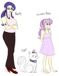 Size: 1100x1400 | Tagged: dead source, safe, artist:cartoonlion, opalescence, rarity, sweetie belle, human, futaverse, g4, barefoot, clothes, dress, feet, glasses, grin, high heels, humanized, lipstick, reference sheet, smiling