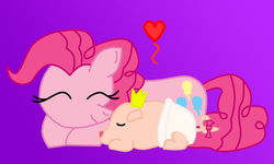 Size: 1500x900 | Tagged: safe, artist:seika, pinkie pie, pig, pony, g4, crown, cute, eyes closed, heart, monster hunter, pigtails, pink, poogie, prone, smiling