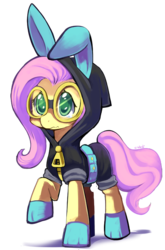 Size: 543x822 | Tagged: safe, artist:ende26, fluttershy, pegasus, pony, g4, bunny ears, clothes, costume, cute, dangerous mission outfit, female, goggles, hoodie, mare, raised hoof, signature, simple background, solo, transparent background, wavy mouth