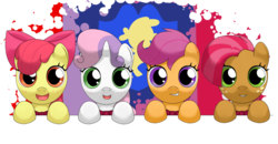 Size: 2000x1040 | Tagged: safe, artist:hoyeechun, apple bloom, babs seed, scootaloo, sweetie belle, earth pony, pegasus, pony, unicorn, g4, cute, cutie mark crusaders, female, filly, hooves on the table, looking at you, open mouth, simple background, transparent background