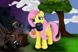 Size: 1000x667 | Tagged: safe, artist:jamescorck, fluttershy, robot, g4, boots, crossover, disney, flower pot, mouth hold, pixar, tree, wall-e, watering can