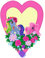 Size: 924x1200 | Tagged: dead source, safe, artist:purenightshade, pinkie pie (g3), rainbow dash (g3), earth pony, pony, g3, female, flower, heart, lesbian, mare, ship:rainbowpie, shipping