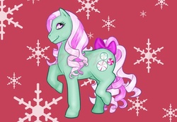 Size: 500x345 | Tagged: dead source, safe, artist:nonokono, minty, earth pony, pony, g3, anatomically incorrect, bow, female, incorrect leg anatomy, mare, raised hoof, red background, simple background, snow, snowflake, solo, tail, tail bow