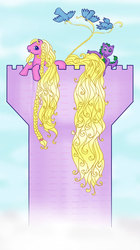 Size: 560x1001 | Tagged: safe, artist:kaikaku, rapunzel (g1), spike (g1), bird, dragon, earth pony, pony, g1, baby, baby dragon, braid, female, impossibly long hair, impossibly long tail, long hair, long mane, long tail, mare, rapunzel, tower
