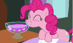Size: 599x353 | Tagged: safe, screencap, pinkie pie, earth pony, pony, g4, putting your hoof down, season 2, animated, animated screencap, bipedal leaning, cute, diapinkes, eyes closed, female, gif, glass, grin, juice, lip bite, mare, punch (drink), punch bowl, smiling, snorting, solo