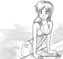 Size: 1280x1200 | Tagged: safe, artist:johnjoseco, tracy flash, human, g4, bikini, clothes, cutie mark on human, female, grayscale, humanized, monochrome, solo, swimsuit