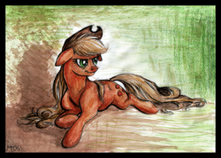 Size: 1244x888 | Tagged: safe, artist:gonedreamer, applejack, earth pony, pony, g4, female, loose hair, prone, solo, traditional art