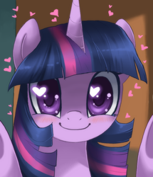 Size: 517x600 | Tagged: safe, artist:loyaldis, twilight sparkle, pony, unicorn, g4, blushing, bust, cute, female, heart, heart eyes, looking at you, portrait, smiling, solo, twiabetes, wingding eyes