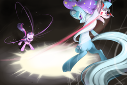 Size: 2000x1333 | Tagged: safe, artist:jiayi, trixie, twilight sparkle, g4, alicorn amulet, fight, magic