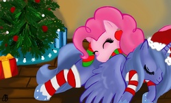 Size: 1000x604 | Tagged: safe, artist:chelseasnow, pinkie pie, princess luna, g4, christmas, christmas tree, clothes, duo, eyes closed, hat, present, santa hat, socks, tree