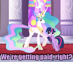 Size: 791x679 | Tagged: safe, edit, edited screencap, screencap, princess celestia, twilight sparkle, alicorn, pony, unicorn, g4, my little pony: friendship is magic, the return of harmony, cropped, duo, duo female, female, horn, image macro, mare, money, purple text