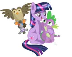 Size: 900x720 | Tagged: safe, artist:swanlullaby, owlowiscious, smarty pants, spike, twilight sparkle, dragon, owl, pony, unicorn, g4, carrying, cute, female, flying, hug, lidded eyes, mare, open mouth, simple background, smiling, spikelove, spread wings, transparent background, wings