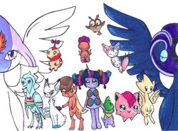 Size: 500x368 | Tagged: safe, artist:fireflyeievui, apple bloom, applejack, fluttershy, pinkie pie, princess celestia, princess luna, rainbow dash, rarity, scootaloo, spike, sweetie belle, twilight sparkle, axew, azelf, bagon, cranidos, glameow, gothorita, hoothoot, jigglypuff, rampardos, skitty, togetic, tranquill, turtwig, uxie, g4, female, pokefied, pokémon, simple background, species swap, white background