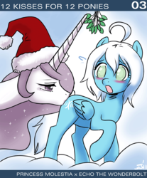 Size: 650x786 | Tagged: safe, artist:johnjoseco, princess celestia, oc, oc only, oc:echo the wonderbolt, ask princess molestia, princess molestia, g4, bedroom eyes, blind, blushing, butt kiss, christmas, cloud, embarrassed, kissing, looking back, mistletoe, open mouth, raised hoof, surprise butt kiss, surprised, sweat, wide eyes