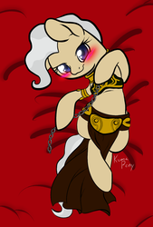 Size: 1000x1477 | Tagged: safe, artist:rainbowdrool, mayor mare, g4, adorasexy, bedroom eyes, bikini, blushing, chains, clothes, cute, loincloth, looking at you, on back, sexy, slave, slave leia outfit, slave outfit, smiling, star wars, swimsuit