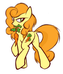 Size: 744x883 | Tagged: safe, artist:kejifox, carrot top, golden harvest, earth pony, pony, g4, bedroom eyes, butt, carrot, dock, female, goldenbutt, looking back, mare, mouth hold, plot, raised hoof, raised leg, solo, tail, tail aside