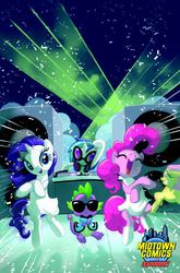 Size: 300x455 | Tagged: safe, artist:amy mebberson, idw, official comic, dj pon-3, fluttershy, pinkie pie, rarity, spike, vinyl scratch, dragon, earth pony, pony, unicorn, g4, official, bipedal, comic, cover, dancing, female, gangnam style, male, mare, midtown comics, sunglasses