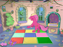 Size: 801x601 | Tagged: safe, sundance (g2), butterfly, pony, g2, my little pony: friendship gardens, butt, cute, dance studio, dancing, eyes closed, female, flower, flower pot, g2 sundawwnce, jukebox, mare, pc game, picture frame, plant, plant pot, plot, smiling, solo, steps, tree, window