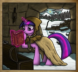 Size: 1944x1792 | Tagged: safe, artist:silentbutbeardly, clover the clever, twilight sparkle, pony, g4, book, chest, clothes, costume, crossover, female, levitation, magic, skyrim, snow, solo, spellbook, the elder scrolls
