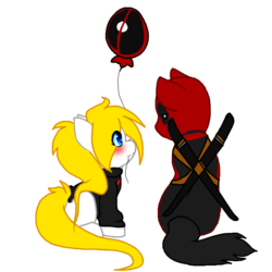 Size: 640x640 | Tagged: safe, artist:thamutt, oc, oc:frolic, balloon, clothes, deadpool, deadpool is best pony, freckles, ponified, sweater