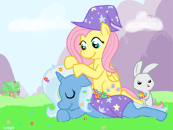 Size: 585x440 | Tagged: safe, artist:coggler, angel bunny, fluttershy, trixie, g4, female, flower, happy, lesbian, shipping, smiling, trixieshy