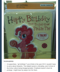 Size: 574x687 | Tagged: safe, pinkie pie, g4, butthurt, card, check your privilege, gender, irl, parody, photo, poe's law, sexism, social justice, text, tumblr