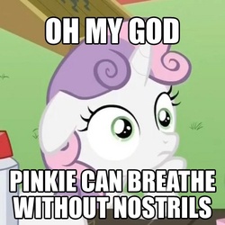 Size: 500x500 | Tagged: safe, edit, edited screencap, screencap, sweetie belle, g4, magic duel, ponyville confidential, caption, cropped, floppy ears, hoof on chin, image macro, implied pinkie pie, meme, sudden clarity sweetie belle