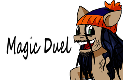 Size: 487x317 | Tagged: dead source, safe, artist:alex-heberling, pony, g4, magic duel, bum review, chester a. bum, hat, ponified, solo, story included, text