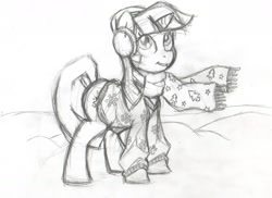 Size: 1280x934 | Tagged: safe, artist:pippy, twilight sparkle, pony, g4, clothes, earmuffs, female, monochrome, scarf, snow, solo, traditional art, winter, wip