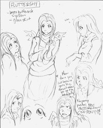 Size: 900x1118 | Tagged: safe, artist:demdoodles, fluttershy, human, g4, clothes, expressions, female, humanized, sketch dump, skirt, solo, winged humanization