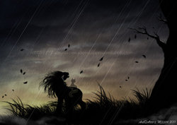 Size: 900x637 | Tagged: safe, artist:anniemsson, oc, oc only, cat, pony, g1, cloud, cloudy, crying, dark, grass, moody, outdoors, rain, solo, tree, wind