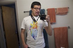 Size: 610x406 | Tagged: safe, rainbow dash, g4, clothes, glasses, photo, t-shirt