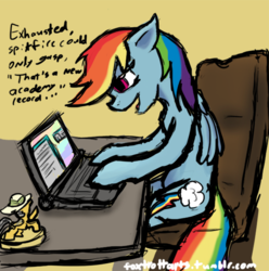 Size: 551x555 | Tagged: safe, artist:foxtrott, artist:foxtrottarts, daring do, rainbow dash, pegasus, pony, g4, academy record, computer, fanfic, female, implied spitfire, laptop computer, mare, sitting