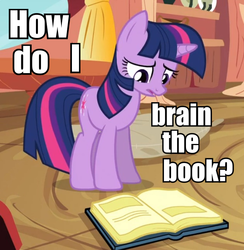 Size: 631x646 | Tagged: safe, twilight sparkle, g4, spike at your service, book, brain, caption, confused, golden oaks library, image macro